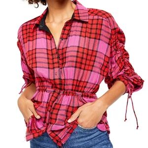 NEW FREE PEOPLE MEDIUM Plaid Red and Pink Women's Top